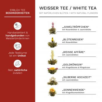 Geschenkset 6 Teeblumen weißer Tee in Holz Dekobox